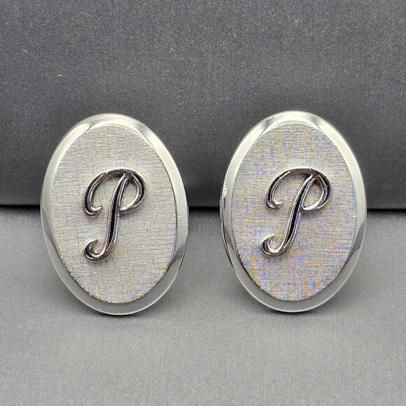 VTG Silver Tone Oval Monogram Letter 'P' Cufflinks 1.25" Bullet Back Textured - Picture 1 of 4